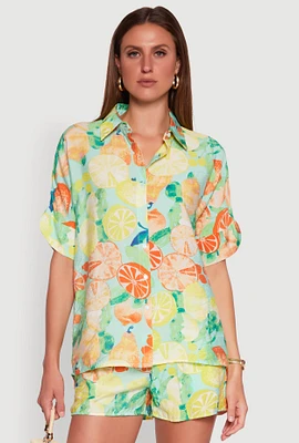 Womens Airy Fruit Print Button Front Shirt, Multi, Size M