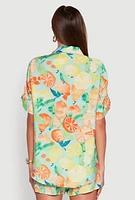 Womens Airy Fruit Print Button Front Shirt, Multi, Size M