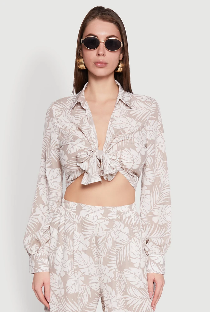 Womens Airy Collared Tie Front Blouse, Beige, Size L