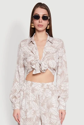 Womens Airy Collared Tie Front Blouse, Beige, Size L