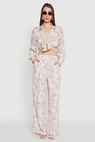 Womens Airy Leaf Print Palazzo Pants, Khaki, Size XL