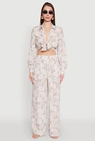 Womens Airy Leaf Print Palazzo Pants, Khaki, Size XL