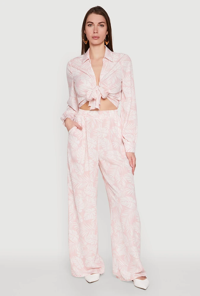 Womens Airy Leaf Print Palazzo Pants, Pink, Size M
