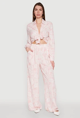 Womens Airy Leaf Print Palazzo Pants, Pink, Size M