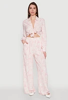 Womens Airy Leaf Print Palazzo Pants, Pink, Size M