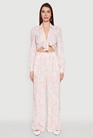 Womens Airy Leaf Print Palazzo Pants, Pink, Size M