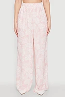 Womens Airy Leaf Print Palazzo Pants, Pink, Size M