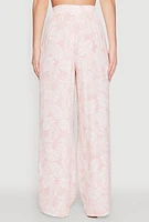 Womens Airy Leaf Print Palazzo Pants, Pink, Size M