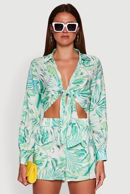 Womens Crepe Knit Tropical Floral Tie Front Crop Top, Green, Size S
