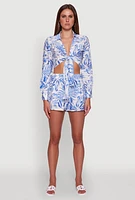 Womens Crepe Knit Tropical Floral Tie Front Crop Top,