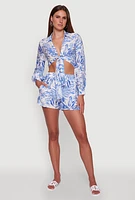 Womens Crepe Knit Tropical Floral Tie Front Crop Top,
