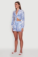Womens Crepe Knit Tropical Floral Tie Front Crop Top, L