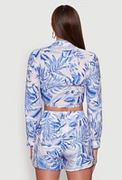 Womens Crepe Knit Tropical Floral Tie Front Crop Top,