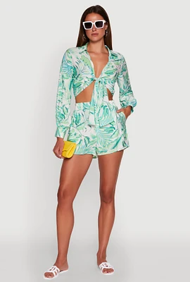 Womens Tropical Floral Print High Waisted Shorts with Elastic Waist, Green, Size M