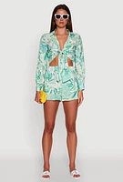 Womens Tropical Floral Print High Waisted Shorts with Elastic Waist, Green, Size M
