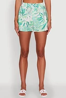 Womens Tropical Floral Print High Waisted Shorts with Elastic Waist, Green, Size M