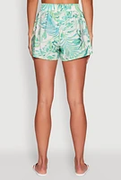 Womens Tropical Floral Print High Waisted Shorts with Elastic Waist, Green, Size M