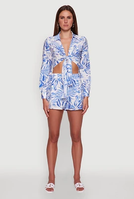 Womens Tropical Floral Print High Waisted Shorts with Elastic Waist,