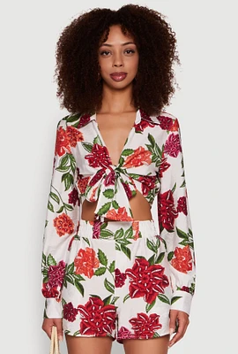 Womens Chic Floral Long Sleeve Tie Front Crop Top, Multi, Size L