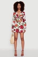 Womens Chic Floral Long Sleeve Tie Front Crop Top, Multi, Size L