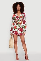 Womens Chic Floral Long Sleeve Tie Front Crop Top, Multi, Size L