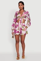 Womens Crepe Knit Floral High Waisted Shorts, Pink, Size M