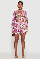 Womens Crepe Knit Floral High Waisted Shorts, Pink, Size M