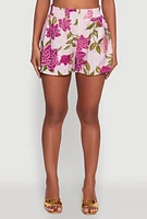 Womens Crepe Knit Floral High Waisted Shorts, Pink, Size M