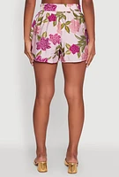 Womens Crepe Knit Floral High Waisted Shorts, Pink, Size M