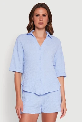 Womens Chic Textured Knit Shirt with Quarter Sleeves and Classic Fit,