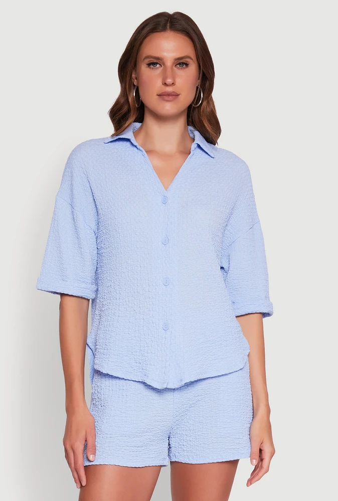 Womens Chic Textured Knit Shirt with Quarter Sleeves and Classic Fit,