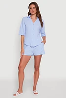 Womens Chic Textured Knit Shirt with Quarter Sleeves and Classic Fit,