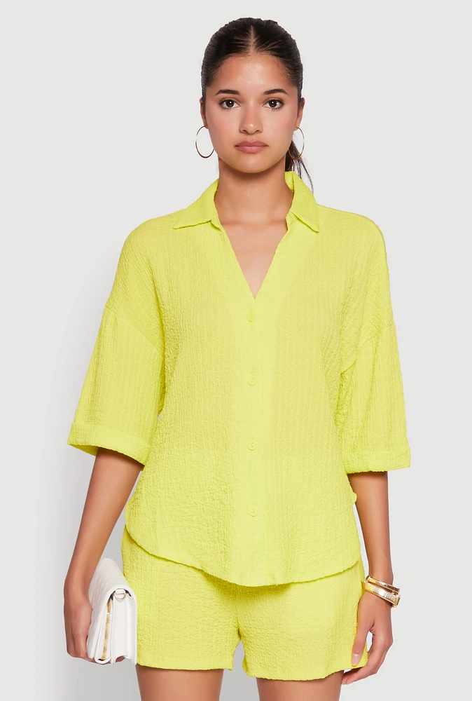 Womens Chic Textured Knit Shirt with Quarter Sleeves and Classic Fit, Yellow, Size M