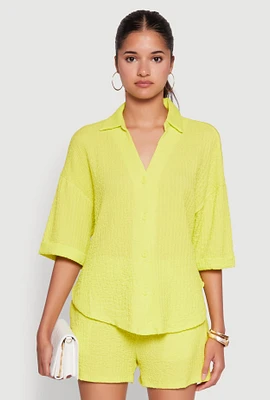 Womens Chic Textured Knit Shirt with Quarter Sleeves and Classic Fit, Yellow, Size M