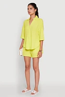 Womens Chic Textured Knit Shirt with Quarter Sleeves and Classic Fit, Yellow, Size M