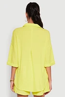 Womens Chic Textured Knit Shirt with Quarter Sleeves and Classic Fit, Yellow, Size M
