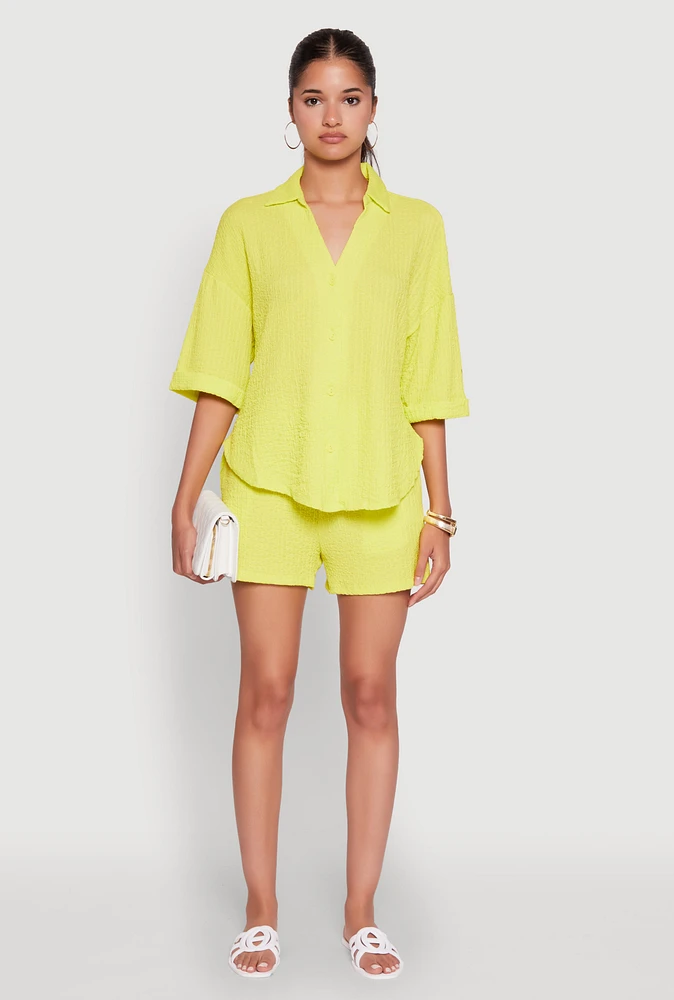 Womens Trendy High Waisted Textured Knit Shorts for Casual Wear, Yellow, Size M