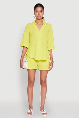Womens Trendy High Waisted Textured Knit Shorts for Casual Wear, Yellow, Size M