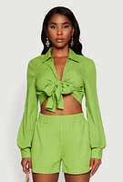Womens Chic Textured Knit Bubble Sleeve Tie Front Crop Top,