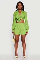 Womens Chic Textured Knit Bubble Sleeve Tie Front Crop Top,