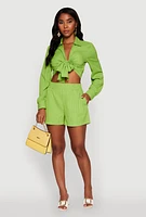 Womens Chic Textured Knit Bubble Sleeve Tie Front Crop Top,