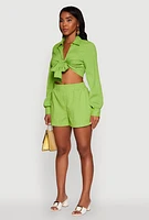 Womens Chic Textured Knit Bubble Sleeve Tie Front Crop Top,