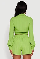 Womens Chic Textured Knit Bubble Sleeve Tie Front Crop Top,