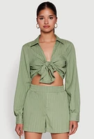 Womens Chic Textured Knit Bubble Sleeve Tie Front Crop Top,