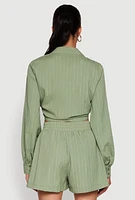 Womens Chic Textured Knit Bubble Sleeve Tie Front Crop Top,