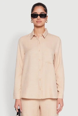 Womens Oversized Linen Button Front Shirt, Beige, Size L