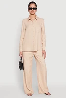 Womens Oversized Linen Button Front Shirt, Beige, Size L