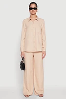 Womens Oversized Linen Button Front Shirt, Beige, Size L