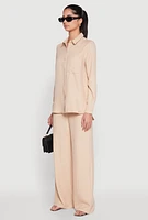 Womens Oversized Linen Button Front Shirt, Beige, Size L