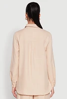 Womens Oversized Linen Button Front Shirt, Beige, Size L